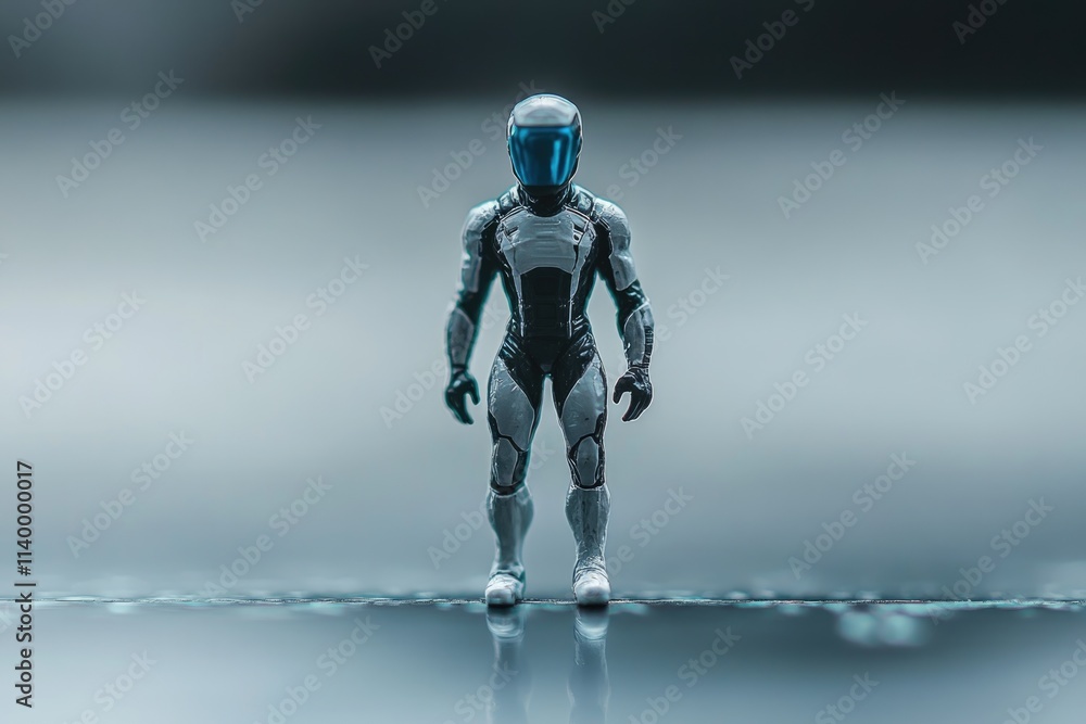 A futuristic action figure in a sleek, silver and black spacesuit stands on a reflective surface. A futuristic action figure in a sleek, silver and black spacesuit stands on a reflective surface.