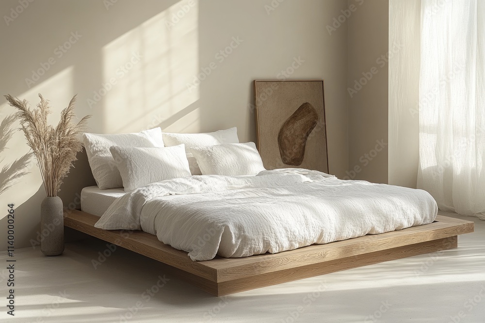 Minimalist bedroom with a light linen duvet and wooden platform bed, bathed in sunlight. Minimalist bedroom with a light linen duvet and wooden platform bed, bathed in sunlight.