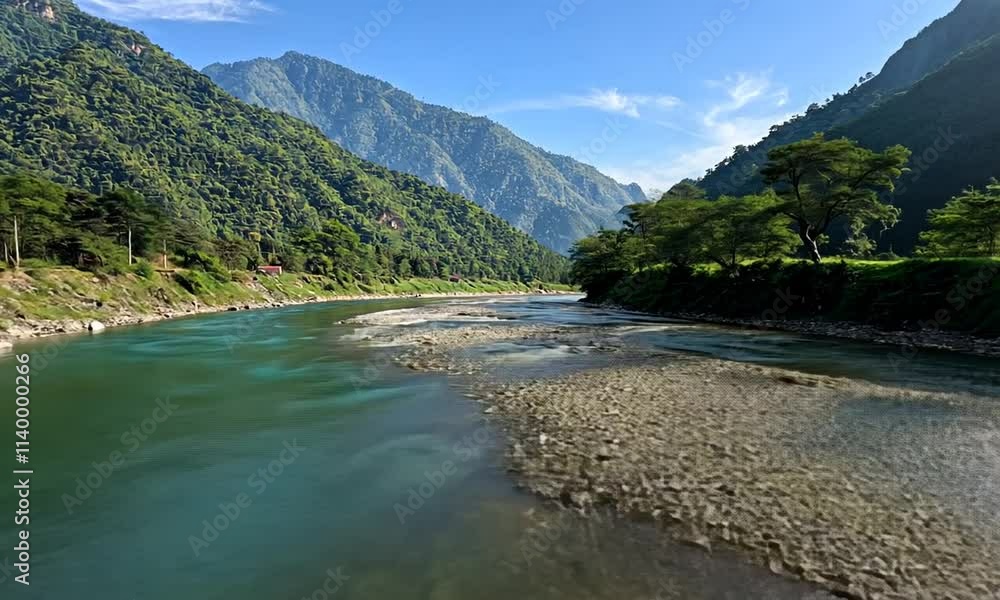 Serene river winding through lush mountains under a clear sky. Serene river winding through lush mountains under a clear sky.