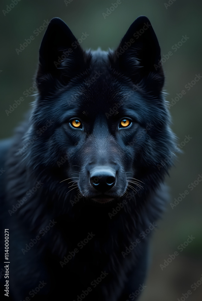 Close-up of black wolf with bright yellow eyes on dark background. Wet Canadian wolf in pouring rain. Banner with wild animal in natural habitat. Wildlife scene. Close-up of black wolf with bright yellow eyes on dark background. Wet Canadian wolf in pouring rain. Banner with wild animal in natural habitat. Wildlife scene.