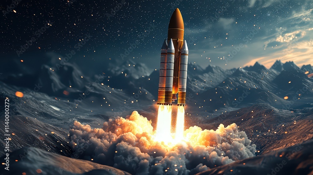 Obraz premium Rocket launches amid mountain landscape during testing phase at twilight