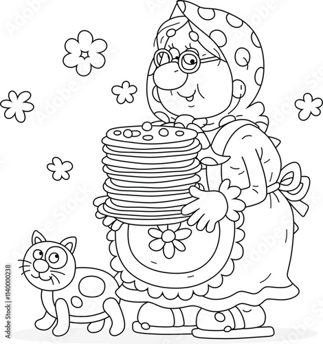 Funny granny holding a dish with tasty pancakes from sweet batter freshly baked in her traditional village oven for a festive table, black and white vector cartoon illustration for a coloring book