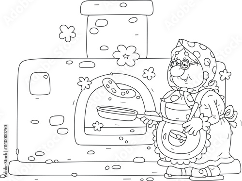 Funny granny skillfully frying tasty pancakes from sweet batter in her traditional village oven for a festive table, black and white vector cartoon illustration for a coloring book