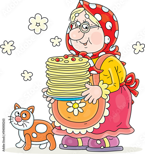 Funny granny holding a dish with tasty pancakes from sweet batter freshly baked in her traditional village oven for a festive table, vector cartoon illustration on a white background
