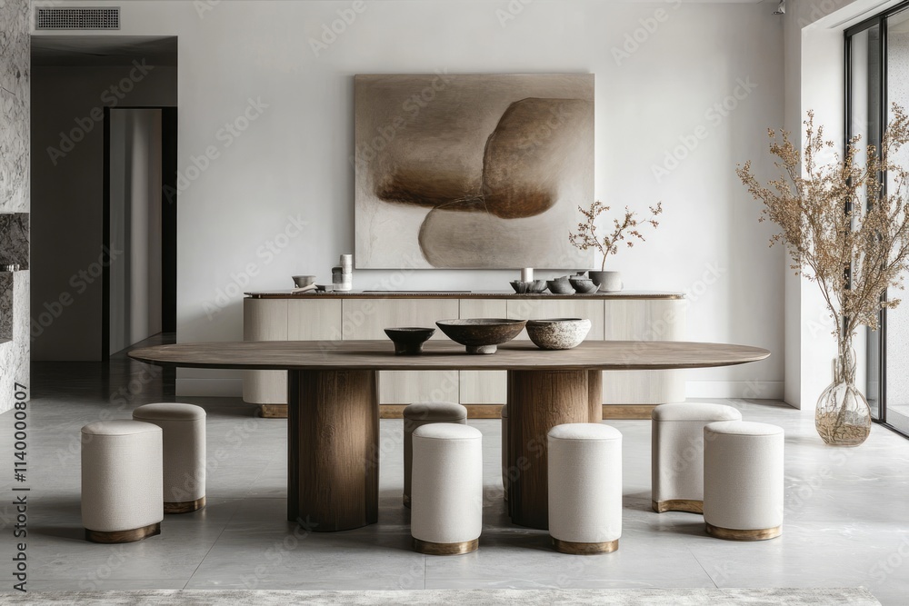 Modern Dining Room With Wooden Table And Stools Modern Dining Room With Wooden Table And Stools