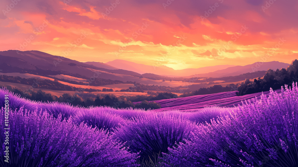 A stylized meadow of lavender with rolling hills and a colorful sunrise in the background A stylized meadow of lavender with rolling hills and a colorful sunrise in the background