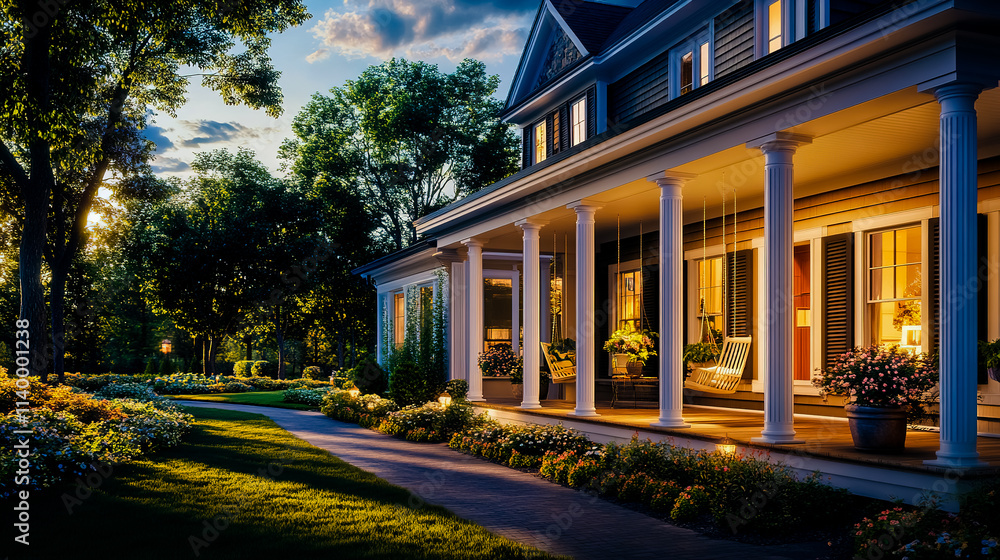 Luxurious, traditional American home with an inviting front porch. Luxurious, traditional American home with an inviting front porch.