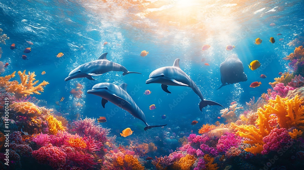 An underwater view of dolphins swimming in perfect harmony, surrounded by vibrant coral reefs and schools of colorful fish, sunlight filtering through the surface, ultra-realistic textures and colors. An underwater view of dolphins swimming in perfect harmony, surrounded by vibrant coral reefs and schools of colorful fish, sunlight filtering through the surface, ultra-realistic textures and colors.