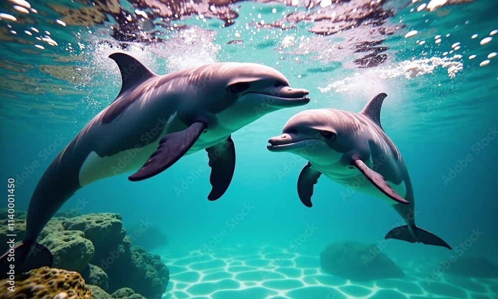 Obraz premium Underwater photography two dolphins swimming close together crystal