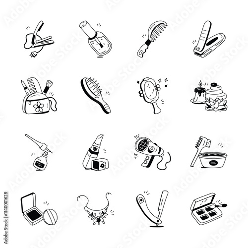 This set of hand drawn, black and white icons depicts various beauty products and tools