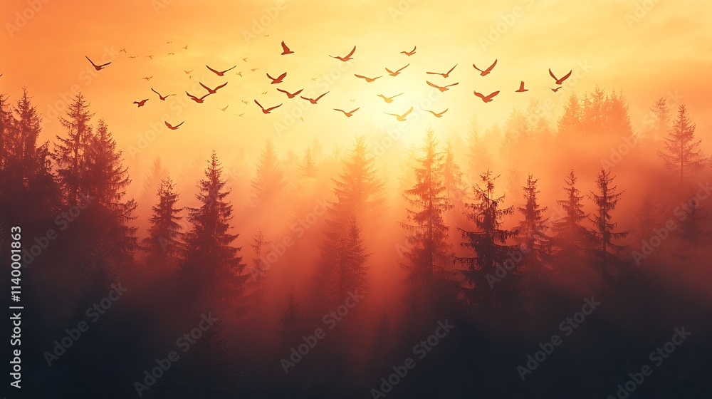 Birds flying in perfect formation above a dense forest, the trees bathed in golden light from a radiant sunset, a breathtaking and peaceful composition, photorealistic detail. --ar 16:9 Birds flying in perfect formation above a dense forest, the trees bathed in golden light from a radiant sunset, a breathtaking and peaceful composition, photorealistic detail. --ar 16:9