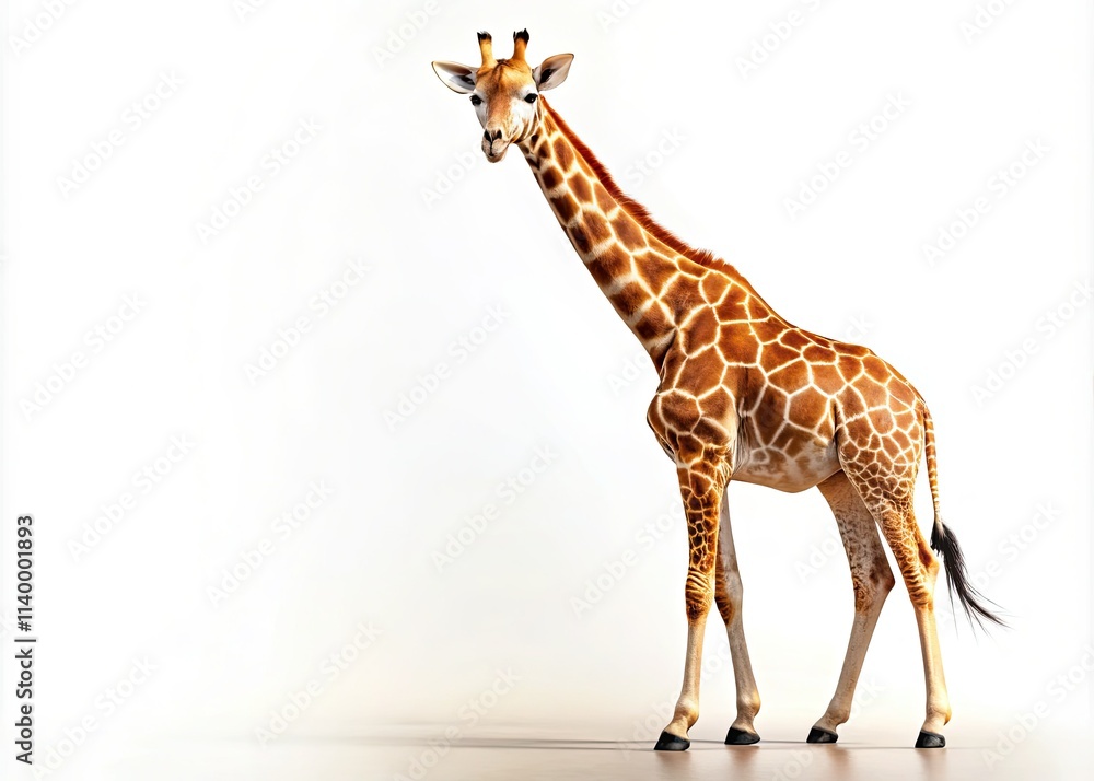 Naklejka premium A stunning wildlife photograph of a giraffe, its elegant neck extending against a pristine white backdrop.