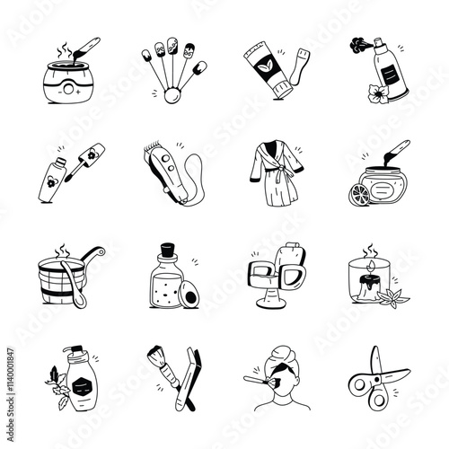 This set of hand drawn icons depicts various spa and beauty treatments