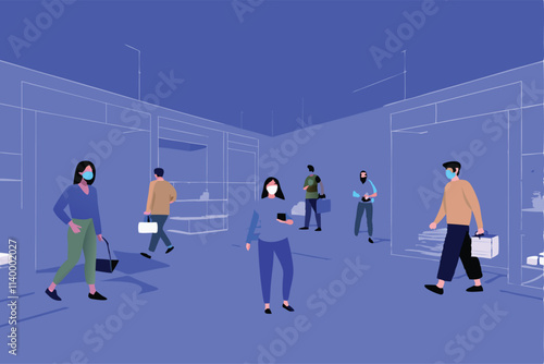 Three friends joyfully explore a futuristic virtual reality shopping mall, experiencing immersive retail therapy.