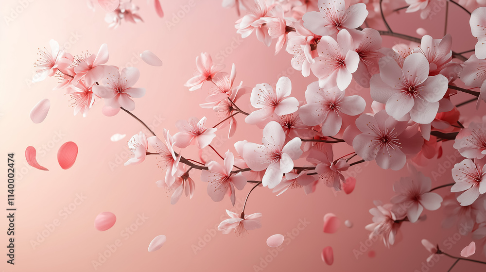 Cherry blossom branches with subtle 3D effects and petals floating against a gradient pink background Cherry blossom branches with subtle 3D effects and petals floating against a gradient pink background