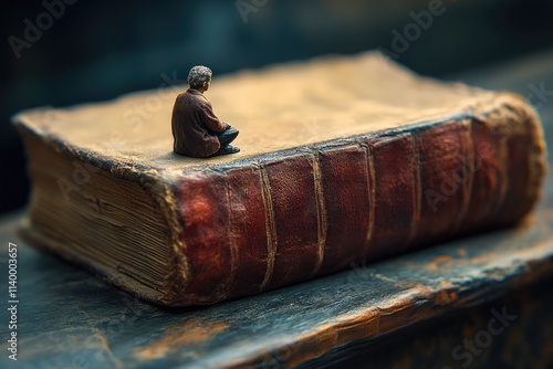 A miniature figure sits contemplatively atop an antique book, evoking a sense of history and reflection. photo