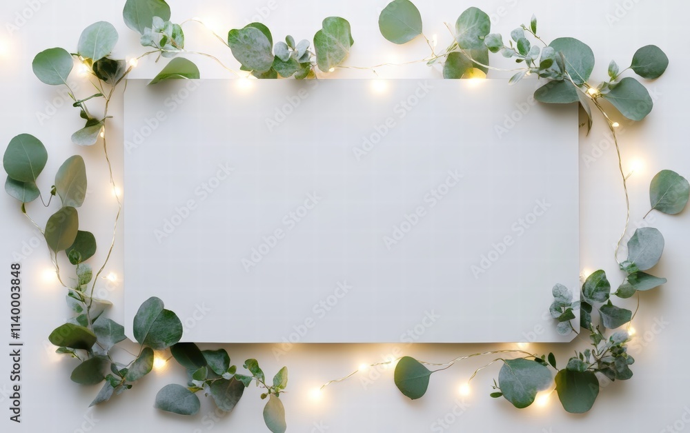 Fototapeta premium A metallic rectangular sign bordered with soft glowing fairy lights and sprigs of eucalyptus on a bright white background
