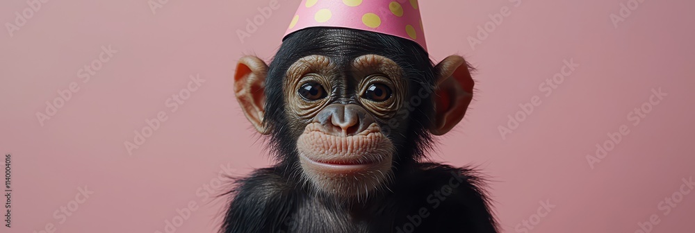 Cute monkey celebrates birthday wearing a festive hat in bright studio setting Cute monkey celebrates birthday wearing a festive hat in bright studio setting
