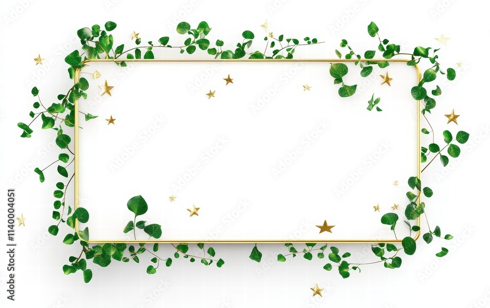 A minimalist metal sign bordered with glossy green garlands and subtle golden stars on a bright white background A minimalist metal sign bordered with glossy green garlands and subtle golden stars on a bright white background