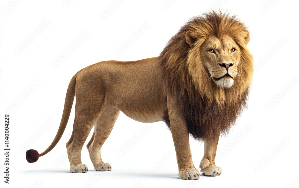 Obraz premium A proud adult lion standing tall with a flowing stylized mane, detailed fur, and a confident cartoonish look on a bright white background