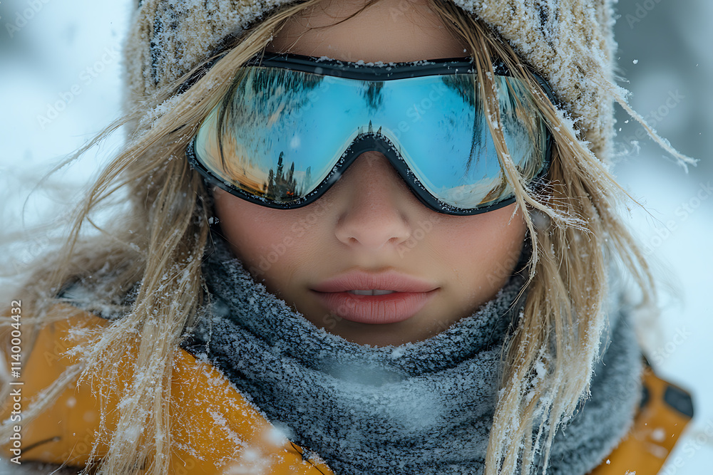 Close-up of a snowboarder girl in winter gear with reflective goggles showing snow-covered mountains, capturing her adventurous spirit amid falling snow in a vibrant winter setting.
Close-up of a snowboarder girl in winter gear with reflective goggles showing snow-covered mountains, capturing her adventurous spirit amid falling snow in a vibrant winter setting.
