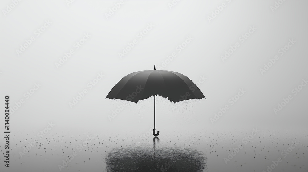 An open umbrella with a visible tear, rain droplets falling through, set in a minimalist scene An open umbrella with a visible tear, rain droplets falling through, set in a minimalist scene