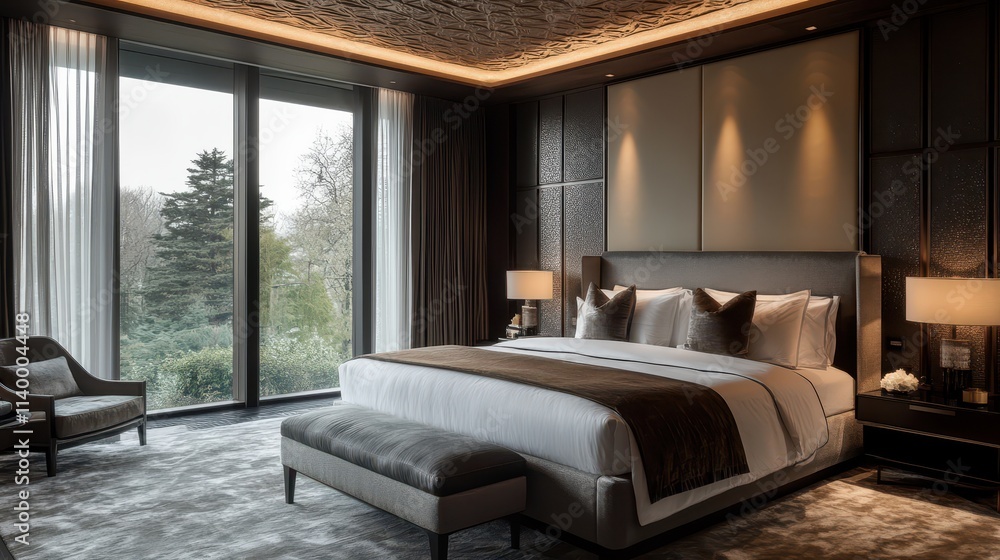 Modern bedroom design featuring a large bed with soft textures and nature views Modern bedroom design featuring a large bed with soft textures and nature views