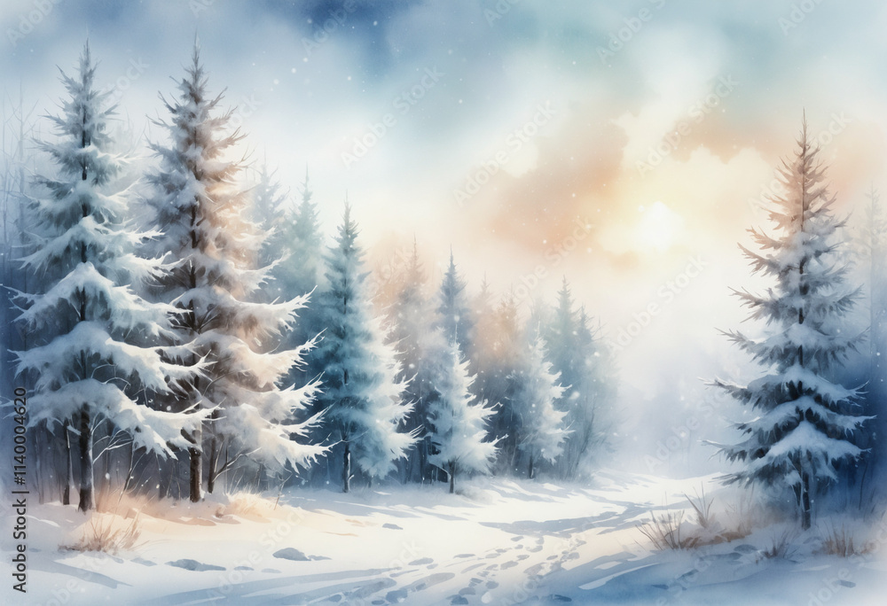 Fototapeta premium Snowy winter landscape with pine trees at sunrise