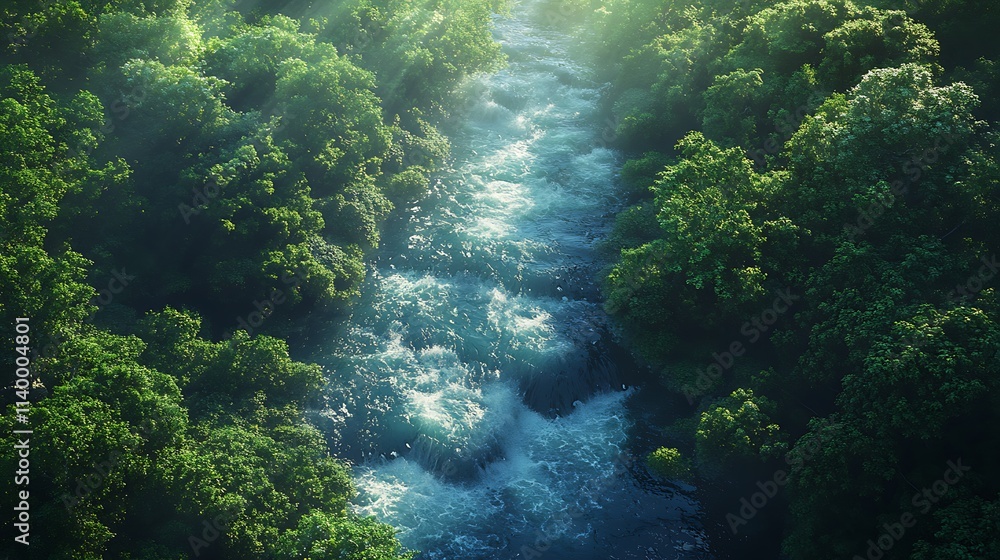 Multiple streams converging into a single powerful river, viewed from above, surrounded by lush green forests, sunlight glinting off the water, creating a radiant glow, cinematic realism, Multiple streams converging into a single powerful river, viewed from above, surrounded by lush green forests, sunlight glinting off the water, creating a radiant glow, cinematic realism,