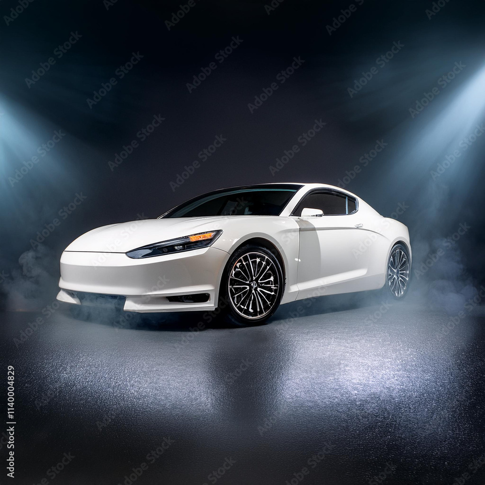 White Coupe in a Futuristic Environment with Smoke and Reflections White Coupe in a Futuristic Environment with Smoke and Reflections