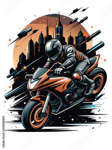 Tableau sur toile A sleek motorcycle races at breakneck speed through a neon-lit, futuristic cityscape, showcasing advanced technology and dynamic movement