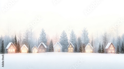 A serene winter landscape features quaint homes surrounded by snow-covered trees, creating a cozy atmosphere perfect for holiday-themed projects, book covers, or seasonal marketing materials, photo