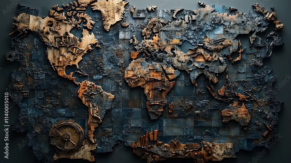 Fototapeta premium Puzzle pieces of diverse materials like wood, metal, and glass coming together to form a stunning world map, set against a soft glowing backdrop, intricate and photorealistic. --ar 16:9