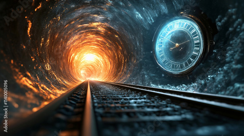 Time tunnel with train tracks and glowing clock, symbolizing the concept of parallel worlds and fantastic travel