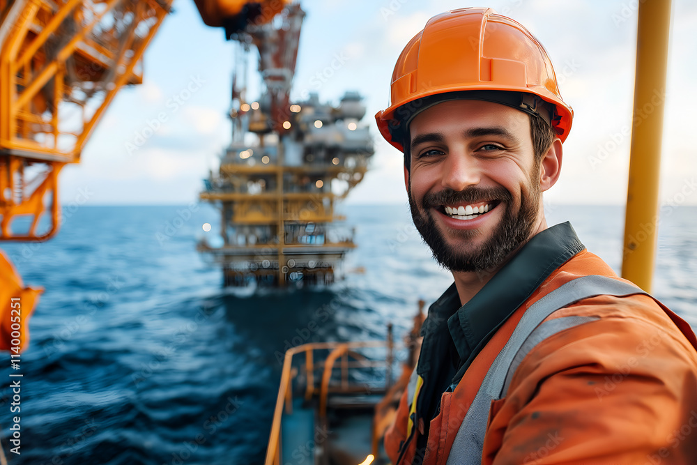 Smiling offshore crane operator, in a safety helmet on an offshore platform, looking at camera, Close-up outdoors portrait Smiling offshore crane operator, in a safety helmet on an offshore platform, looking at camera, Close-up outdoors portrait