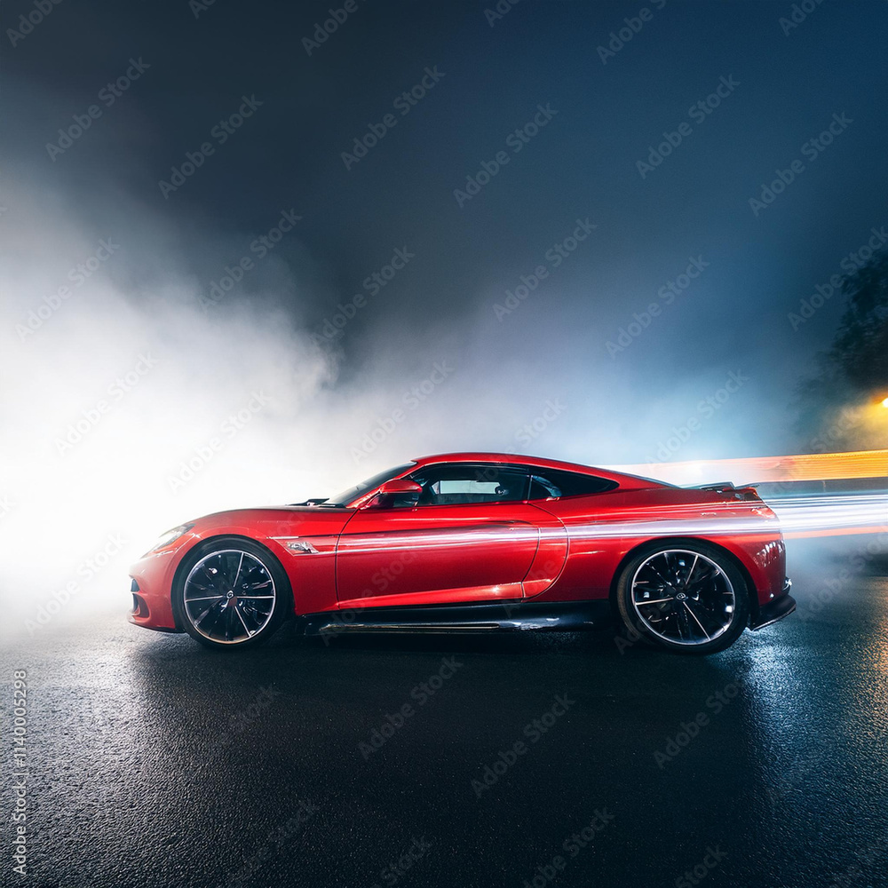 Red Supercar with LED Light Trails and Thick Fog Effects Red Supercar with LED Light Trails and Thick Fog Effects