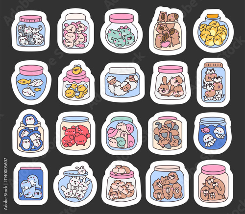 Set of kawaii animal jars cute cartoon characters with antidepressant pills adorable cheerful friendly smiling charming relaxing aquatic joyful creative elements
