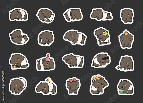 Cute kawaii tapir character animal set with various funny poses including sitting, standing, eating, with charming accessories like hat, crown, bow, gift