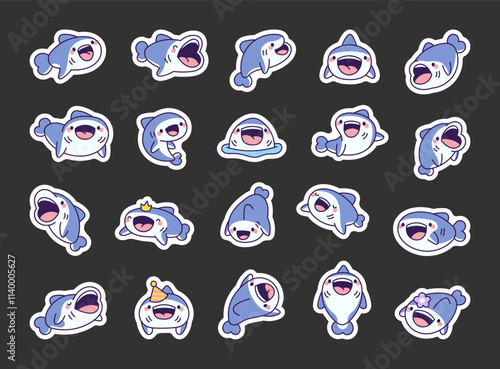 Shark smiling cartoon set with cute kawaii underwater aquatic animals featuring joyful funny adorable cheerful sea poses characters emotions expressions movements