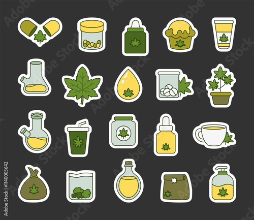 Cannabis wellness products set with herbal objects including capsules, jars, bottles, leaves, tea, muffins, bongs, droppers, and oil for healthcare and natural remedies