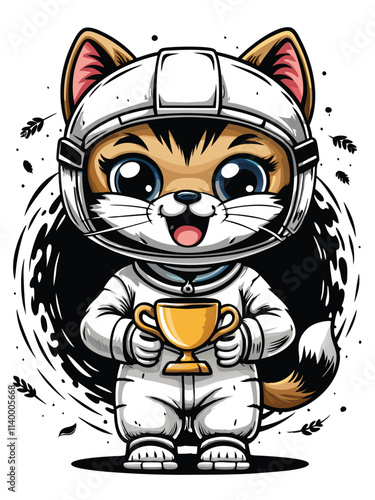 Adorable kawaii cat in racing overalls, helmet, and goggles, clutching a miniature trophy.  Smiling, cheerful expression.