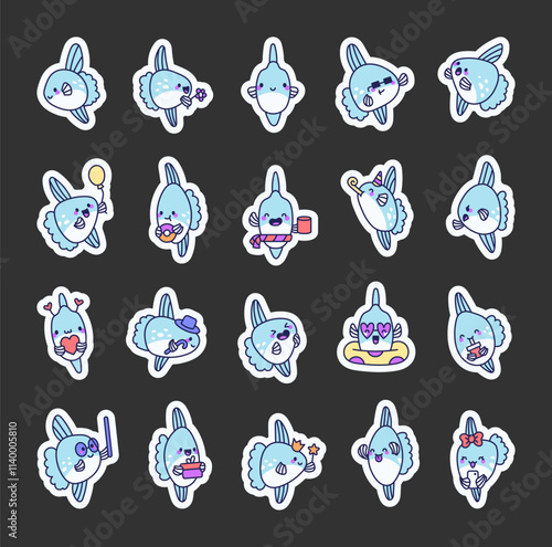 Set of sunfish cartoon characters with kawaii emotions, adorable smiles, marine objects, cheerful themes, expressive animal illustrations for joyful design and creative project ideas