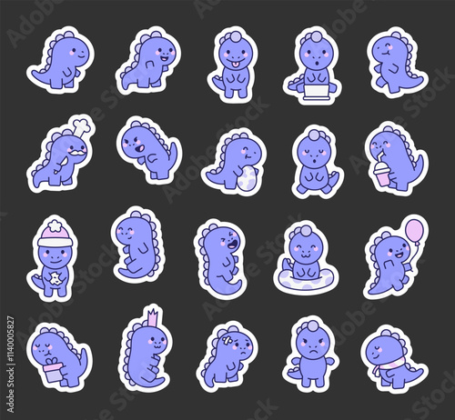 Dinosaur characters set featuring smiling faces, emotions, activities, chef hat, balloon, gift, crown, patch, takeaway cup, egg, swimming pool and poses for creative designs projects
