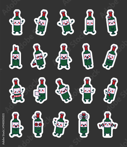 Bottle wine character set with cute kawaii cartoon emotions and elements, for creative illustrations and fun, positive, friendly, attractive, charming and funny design styles
