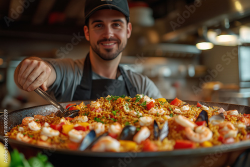 Chef smiles proudly over a hot pan of vibrant seafood paella.