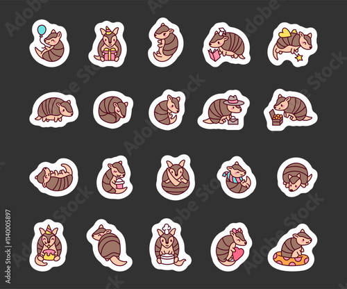 Adorable armadillo animal set featuring kawaii cartoon characters holding heart, celebrating birthday, reading book, eating snack, drinking, and showing charming poses