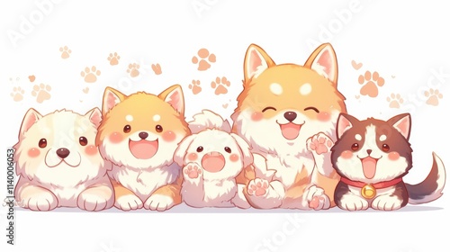 A cute illustration of five happy dogs sitting together, showcasing joy and friendship.