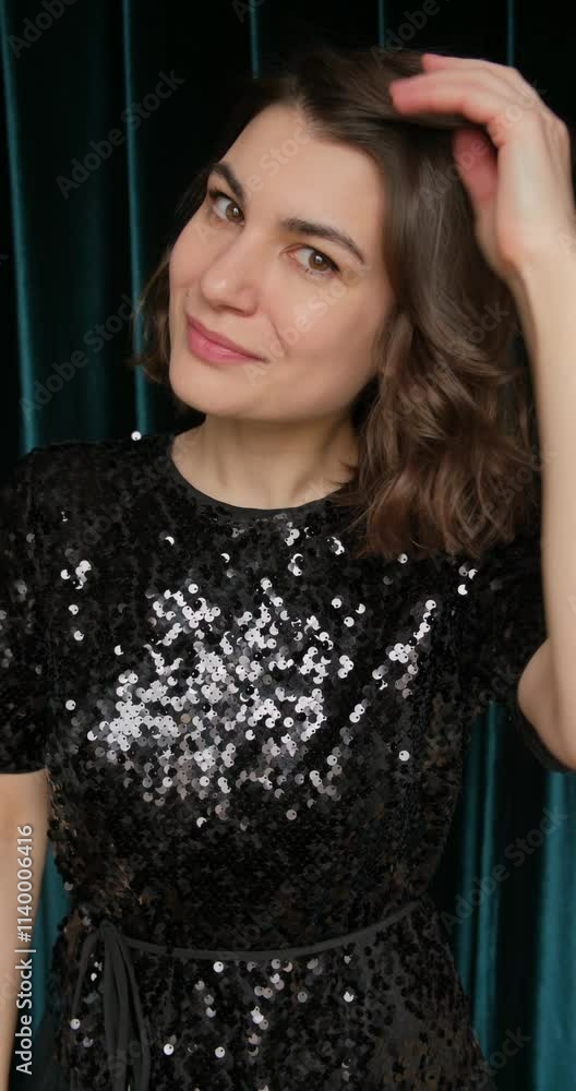 Vertical video of happy smiling woman in black sequin dress doing her hair behind green velvet curtain background Vertical video of happy smiling woman in black sequin dress doing her hair behind green velvet curtain background