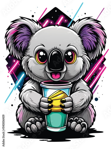Adorable kawaii koala happily clutching a vibrant neon-colored slushie, surrounded by colorful, playful elements.