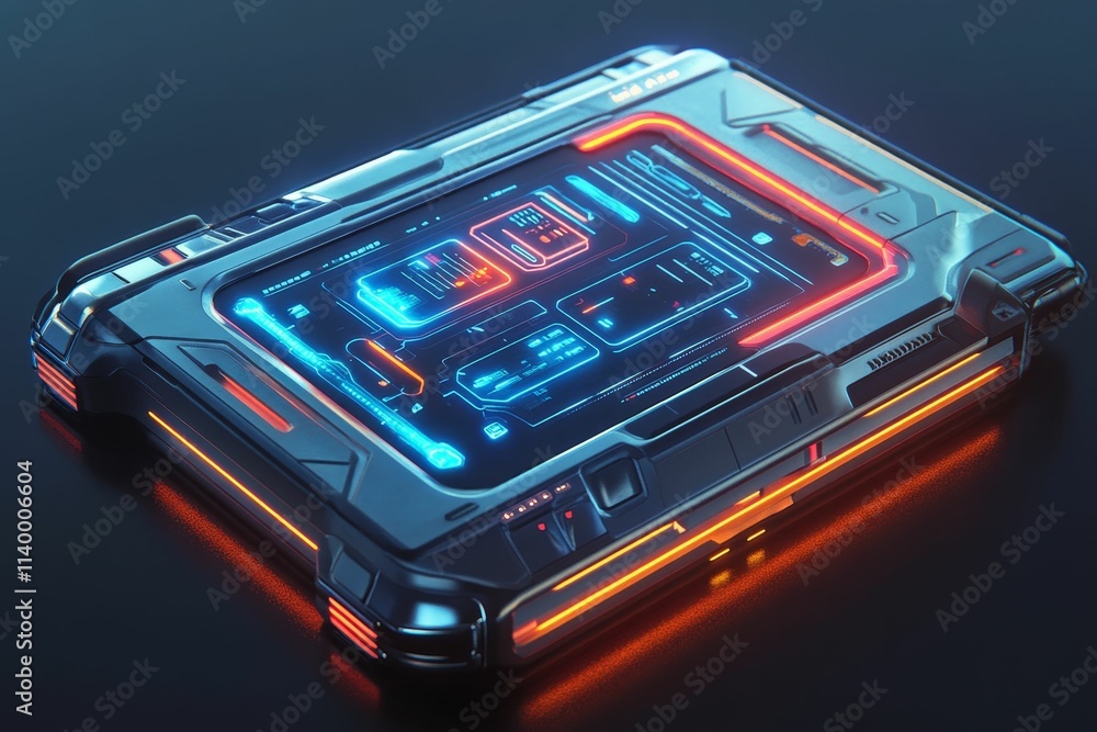 Futuristic device, glowing screen, vibrant lights. Futuristic device, glowing screen, vibrant lights.